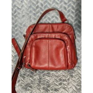 Tignanello Deep Red Leather Cross Body Pebbled Organizer Zippered Travel